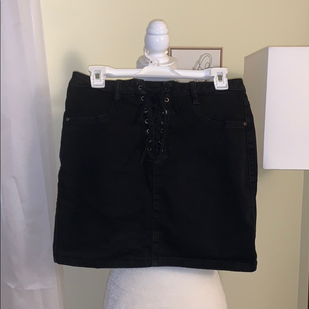 Black Denim Lace Up Mini Skirt